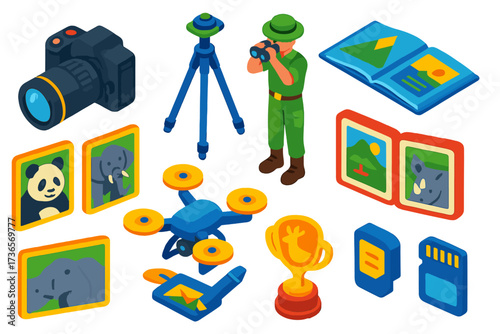 Wildlife Photography Icons. Isometric vector illustration set Wildlife photography: camera with zoom lens, tripod, ranger with