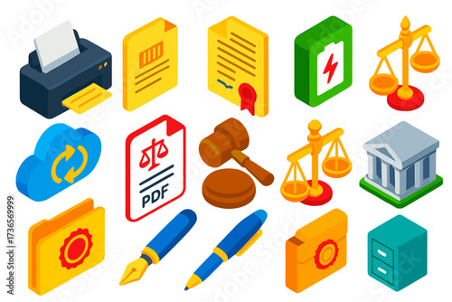 Legal Document Icons. Isometric vector illustration set Legal document printing: printer, barcode on legal file, signed documents,