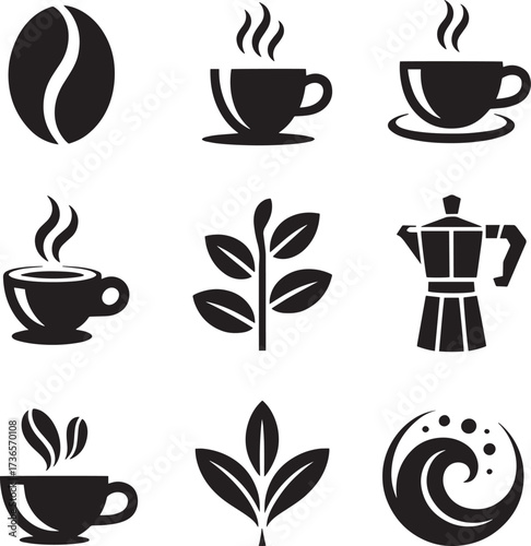 Coffee bean cup plant pot moka pot wave icons steam
