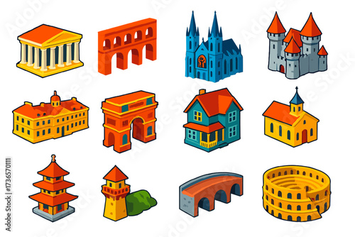 Classic Architecture Icons. Isometric vector illustration set Classic architecture: Greek temple, Roman aqueduct, Gothic cathedral