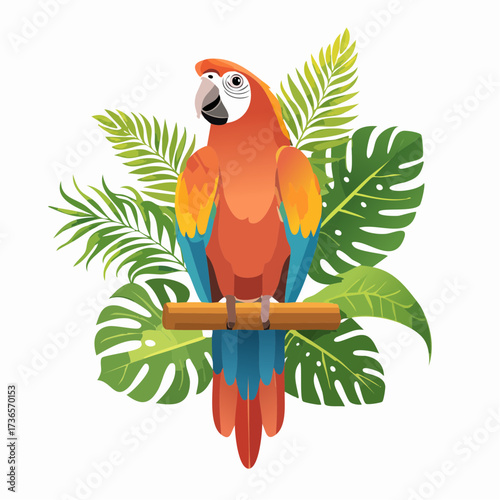 Colorful illustration of an exotic scarlet macaw bird sitting amidst tropical palm and monstera leaves in a vibrant jungle setting