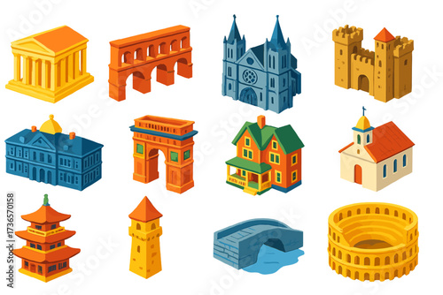Classic Architecture Icons. Isometric vector illustration set Classic architecture: Greek temple, Roman aqueduct, Gothic cathedral
