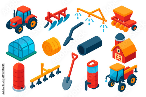 Agriculture Tools Icons. Isometric vector illustration set Agriculture tools: tractor, plow, watering system, seed drill,