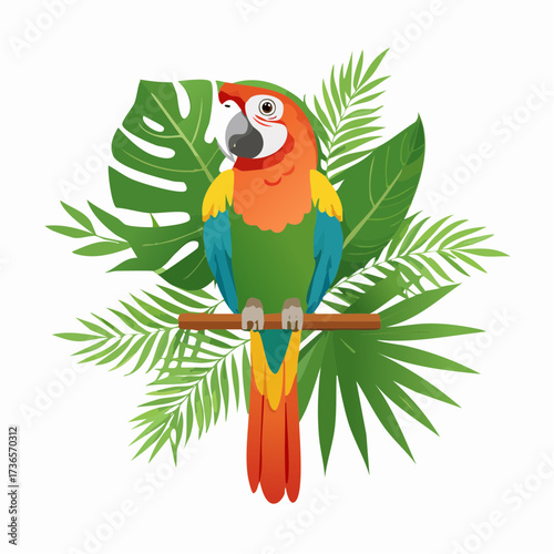 Brightly colored macaw parrot perching on a wooden branch amidst lush green tropical monstera and palm leaves. Flat vector design