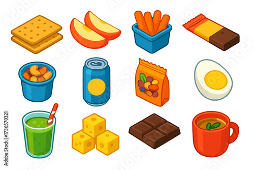 Office Healthy Snack Icons. Isometric vector illustration set Office healthy snacks: whole grain crackers, sliced fruit, baby