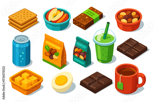Office Healthy Snack Icons. Isometric vector illustration set Office healthy snacks: whole grain crackers, sliced fruit, baby