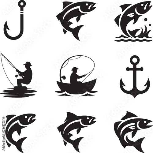 Fishing hook fish anchor boat fisherman vector