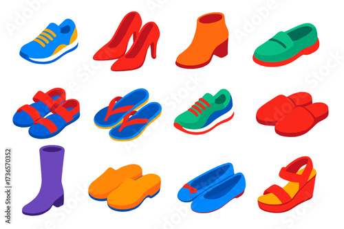 Colorful Footwear Collection. Isometric vector illustration set Footwear collection: sneakers, high heels, ankle boots, loafers,