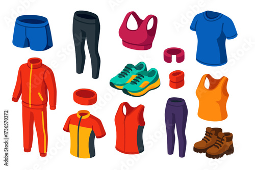 Vibrant Sportswear Set. Isometric vector illustration set Sportswear: running shorts, compression leggings, sports bra,