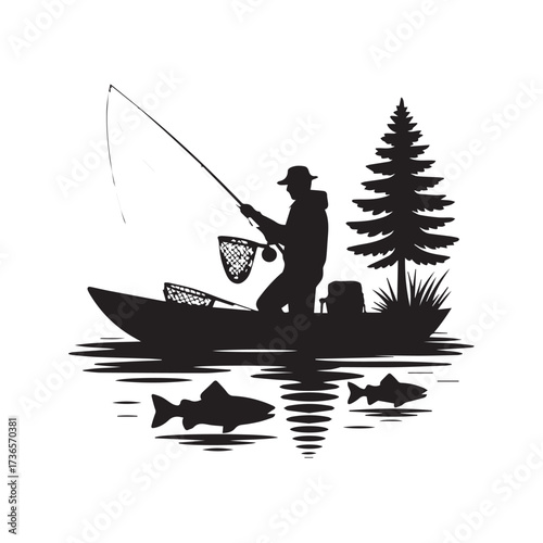Vector art of silhouette of a fisherman in a boat casting a fishing rod with a tree and fish in the water