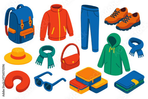 Travel Gear Essentials. Isometric vector illustration set Travel wardrobe: travel backpack, windbreaker, comfortable pants, hiking