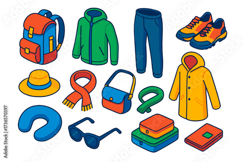 Travel Gear Essentials. Isometric vector illustration set Travel wardrobe: travel backpack, windbreaker, comfortable pants, hiking