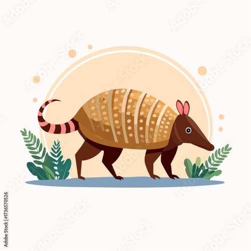 Charming armadillo illustration in a whimsical, stylized natural setting with lush green foliage