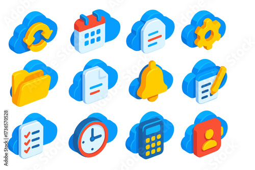 Bold Cloud Office Icons. Isometric vector icon set cloud office: cloud sync, calendar date, settings gear, folder, document file,
