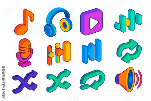 Bright Audio Icons. Isometric vector icon set music and audio controls: music note, headphones, play button, pause, volume wave,