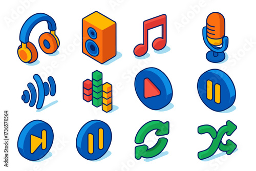 Wireless Audio Icons. Isometric vector icon set wireless audio: headphones, speaker, music note, podcast mic, volume wave,