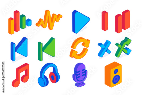 Vibrant Music Control Icons. Isometric vector icon set music control panel: equalizer, volume wave, play button, pause, skip next,