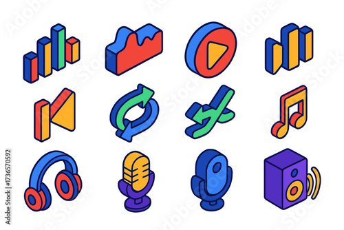 Vibrant Music Control Icons. Isometric vector icon set music control panel: equalizer, volume wave, play button, pause, skip next,