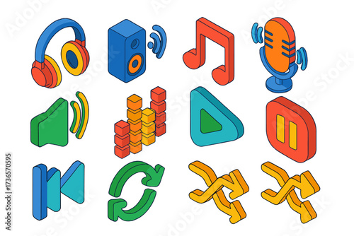 Wireless Audio Icons. Isometric vector icon set wireless audio: headphones, speaker, music note, podcast mic, volume wave,