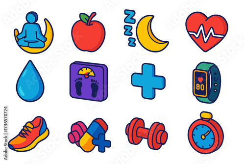 Wellness Icons Collection. Isometric vector icon set balanced wellness: meditation moon, food apple, sleep moon, water drop,