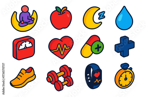 Wellness Icons Collection. Isometric vector icon set balanced wellness: meditation moon, food apple, sleep moon, water drop,