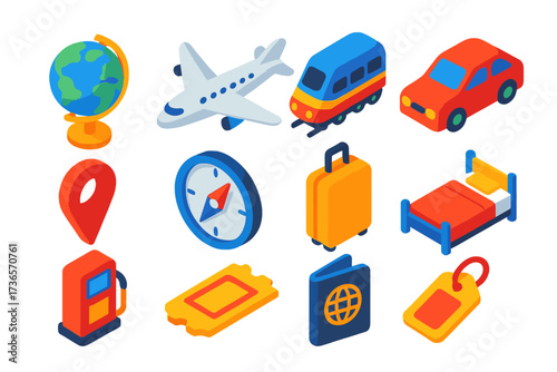 Travel Essentials Icons. Isometric vector icon set travel essentials: world globe, airplane, train, car, map pin, compass,