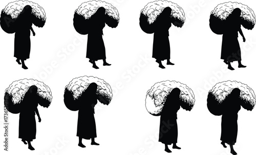 Silhouettes of laborers carrying heavy cotton bundles on backs, traditional workers in robe clothing, agricultural burden vector illustration design artwork