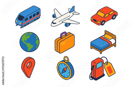 Transport Icon Set. Isometric vector icon set transport options: train, airplane, car, world globe, suitcase, hotel bed, map pin,
