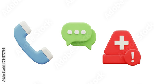 Vibrant 3D Communication and Alert Icons Bright Blue Telephone Receiver, Green Chat Bubbles, and Red Emergency Warning Symbol for UI/UX Design and Digital Notifications