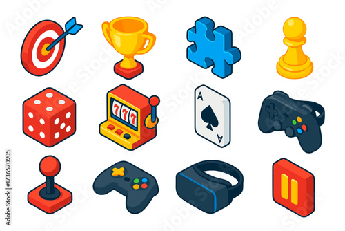 Vibrant Game Icons. Isometric vector icon set game challenge: target, trophy, puzzle piece, chess pawn, dice, slot machine,