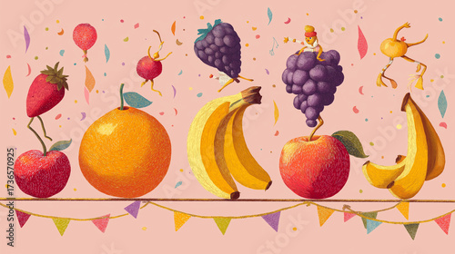 Colorful Fruits Dancing on Garland Flat Illustration Joyful Concept