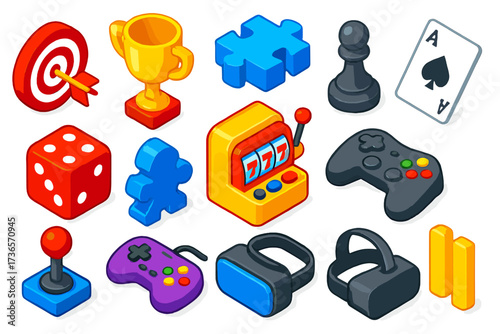 Vibrant Game Icons. Isometric vector icon set game challenge: target, trophy, puzzle piece, chess pawn, dice, slot machine,