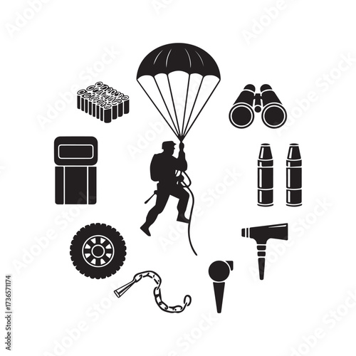 Vector art of silhouette of a paratrooper descending with a parachute surrounded by military equipment