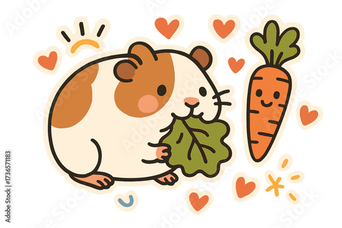 Guinea Pig Sticker Fun. Charming doodle stickers: guinea pig munching lettuce, carrot with eyes, tiny hearts around, cheerful