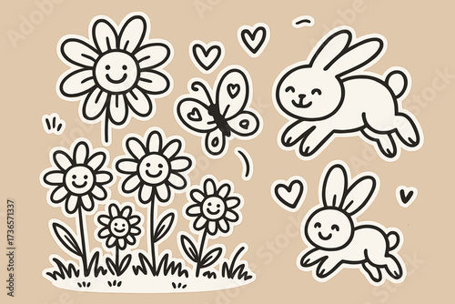 Joyful Meadow Doodle. Joyful doodle stickers: meadow with smiling daisies, bunny hopping with a face, butterflies with hearts,