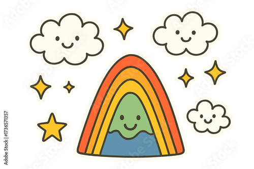 Charming Doodle Stickers. Charming doodle stickers: rainbow mountains smiling, fluffy clouds with faces, stars twinkling, cheerful