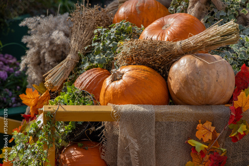 Canvas Print Harvest pumpkins, dried bouquets and ivy arranged on burlap during the golden au