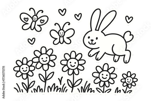 Joyful Meadow Doodle. Joyful doodle stickers: meadow with smiling daisies, bunny hopping with a face, butterflies with hearts,