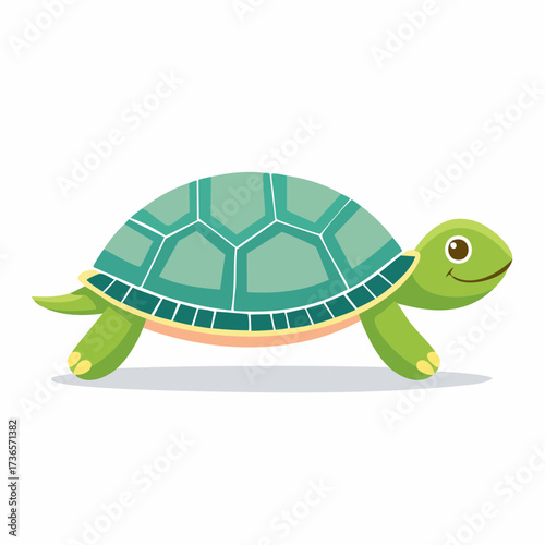 Adorable cartoon turtle with a cheerful green shell and happy expression, slowly moving forward, perfect for children's books, educational materials, and nature-themed designs