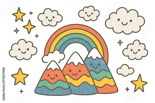 Charming Doodle Stickers. Charming doodle stickers: rainbow mountains smiling, fluffy clouds with faces, stars twinkling, cheerful
