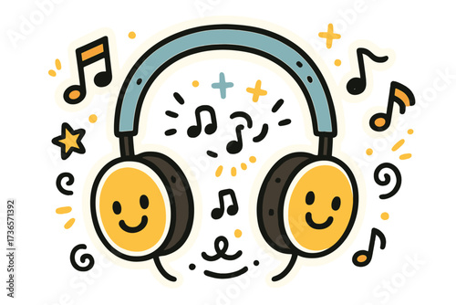 Music Doodle Stickers. Whimsical doodle stickers: headphones with smiling cups, tiny music waves dancing, cheerful doodle details,