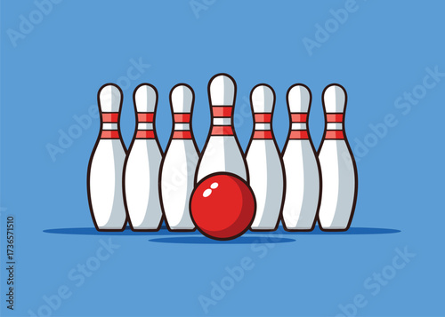 Bowling pins and ball on blue background, perfect for representing sport, recreation, and leisure activities in a fun way