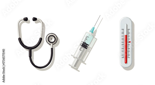 Medical Instruments Stethoscope, Syringe, and Thermometer on White Background