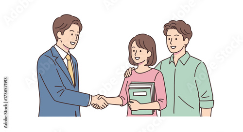 Financial professional shakes hands with smiling couple, finalizing an important agreement or partnership