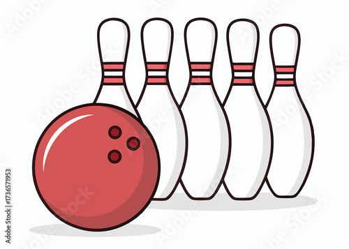 Bowling pins and red ball isolated on white background, ready for a strike in a bowling alley, a fun sport and leisure activity