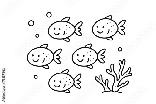 Charming Fish Stickers. Charming doodle stickers: happy fish school, tiny bubbles and coral waving, simplified doodle shapes,