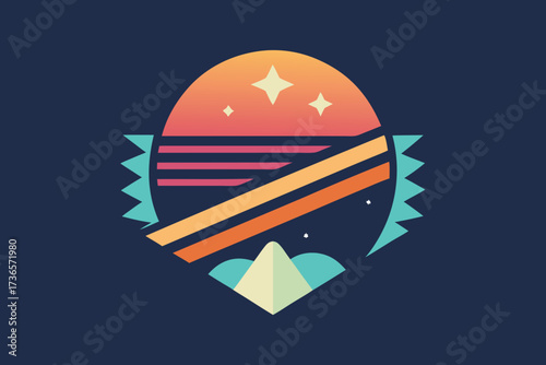 Retro futuristic landscape with a sunset, mountain, and star, evoking a sense of nostalgia and space exploration