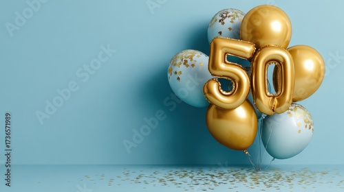 Golden number 50 balloon arrangement for a milestone birthday celebration