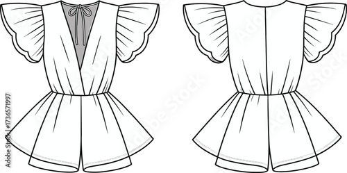 Fashion romper illustration, technical flat sketch, deep V neckline, flutter sleeves, fitted waist, flared shorts, garment design, apparel drawing