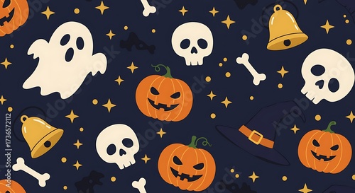 Cute cartoon Halloween pattern with pumpkins skulls ghosts and stars